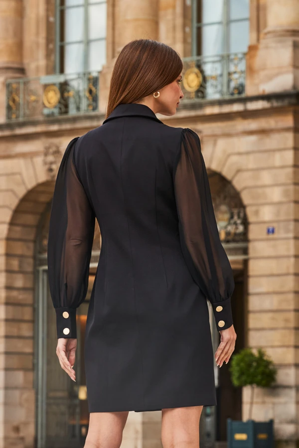 Black Sheer Sleeve Gold Button Blazer Dress - Image 3