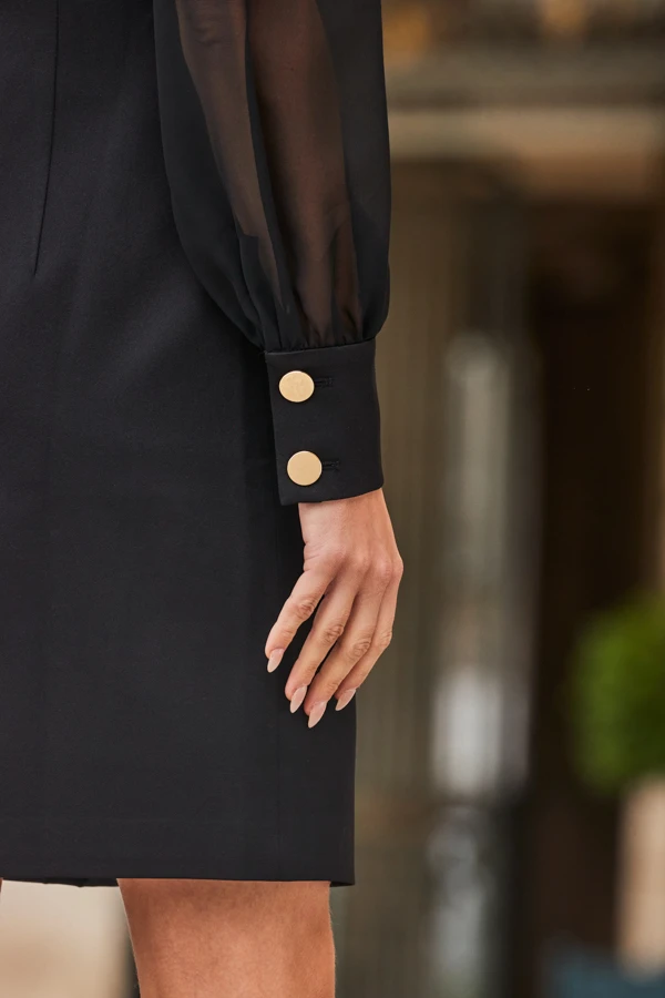 Black Sheer Sleeve Gold Button Blazer Dress - Image 8