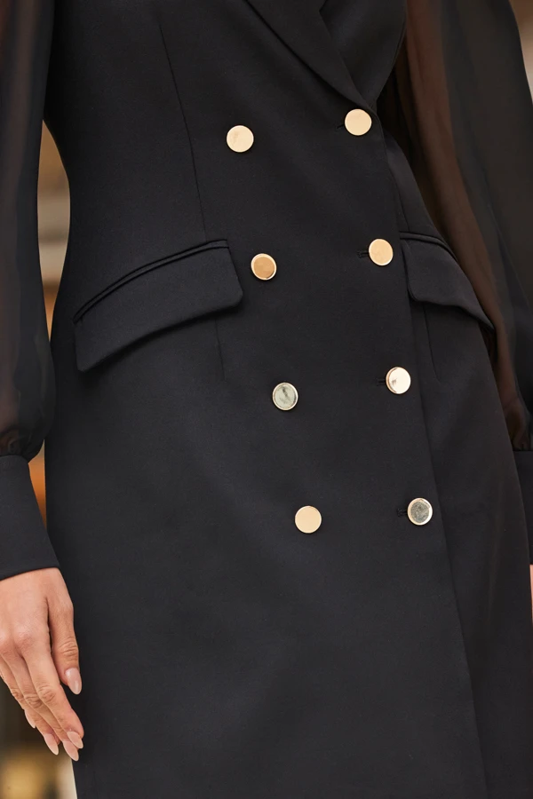 Black Sheer Sleeve Gold Button Blazer Dress - Image 7