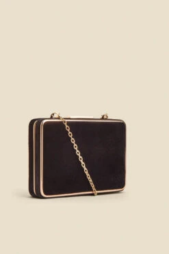 Black Velvet Clasp Detail Clutch Bag With Detachable Strap