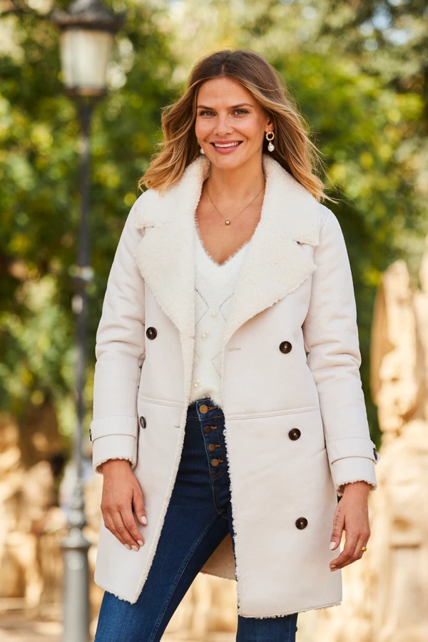 Ecru Luxe Faux Shearling Double Breasted Coat - Image 4