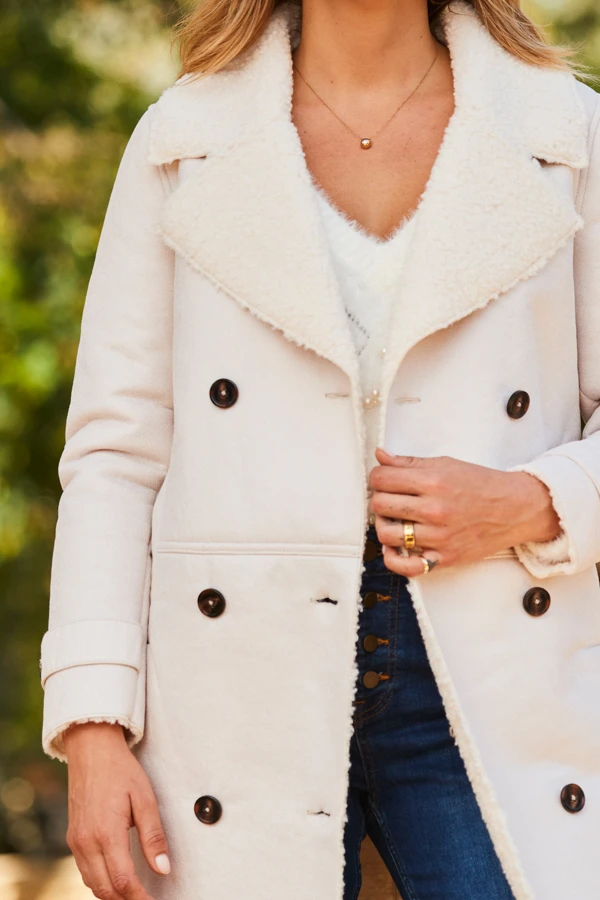 Ecru Luxe Faux Shearling Double Breasted Coat - Image 7