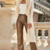 Mocha Faux Leather Cropped Wide Leg Trousers