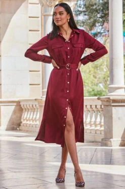 Burgundy Satin Utility Shirt Dress