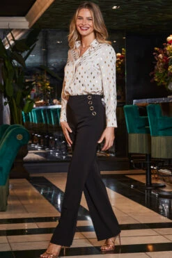Black Eyelet Detail Wide Leg Trousers
