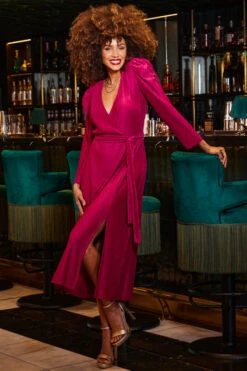 Rich Red Plisse Faux Wrap Midi Dress