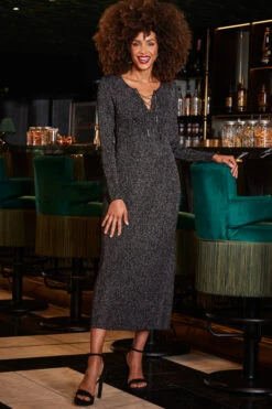 Pewter Metallic Chain Lace Up Detail Midi Dress