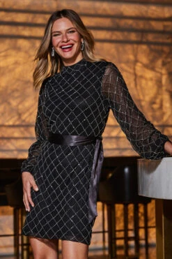 Black Geometric Embellished Belted Shift Dress