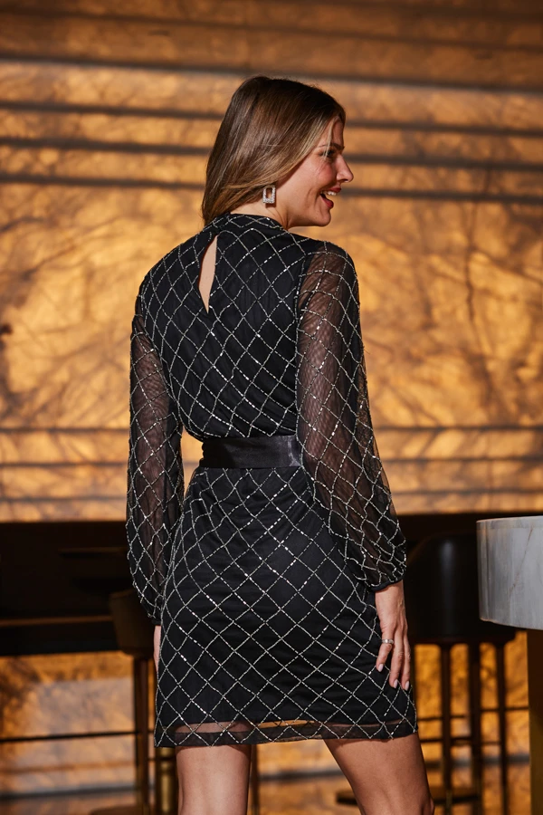 Black Geometric Embellished Belted Shift Dress - Image 4