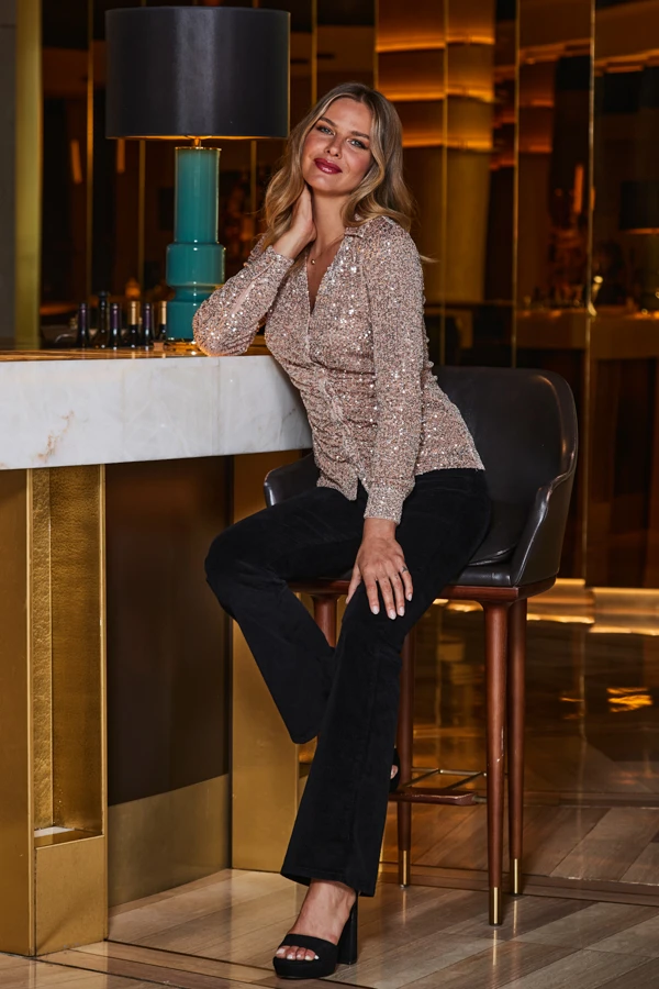 Rose Gold Sequin Ruched Front Shirt - Image 2