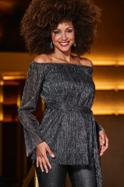 Pewter Metallic Plisse Bardot Belted Jersey Top