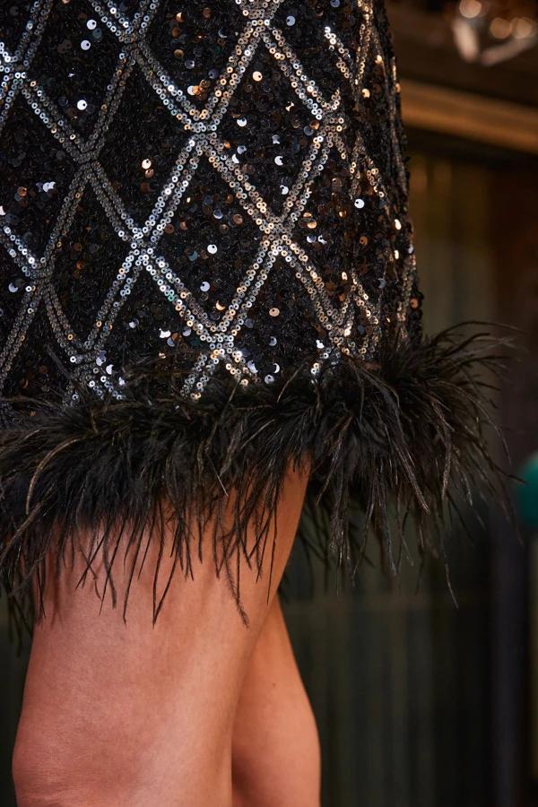 Black Luxe Sequin Feather Hem Skirt - Image 4