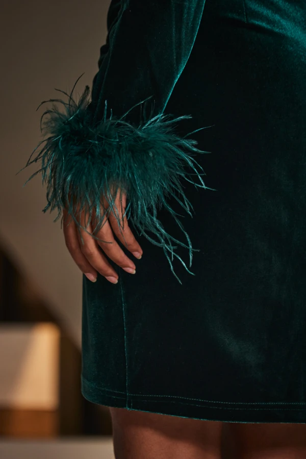 Emerald Green Velvet Feather Cuff Wrap Pencil Dress - Image 5