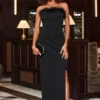 Black Split Detail Feather Trim Jersey Maxi Dress