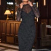 Black Sparkle Mesh High Neck Midi Dress