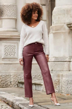 Wine Leather Straight Leg Trousers
