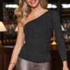 Black Luxe Sparkle Asymmetrical One Shoulder Top