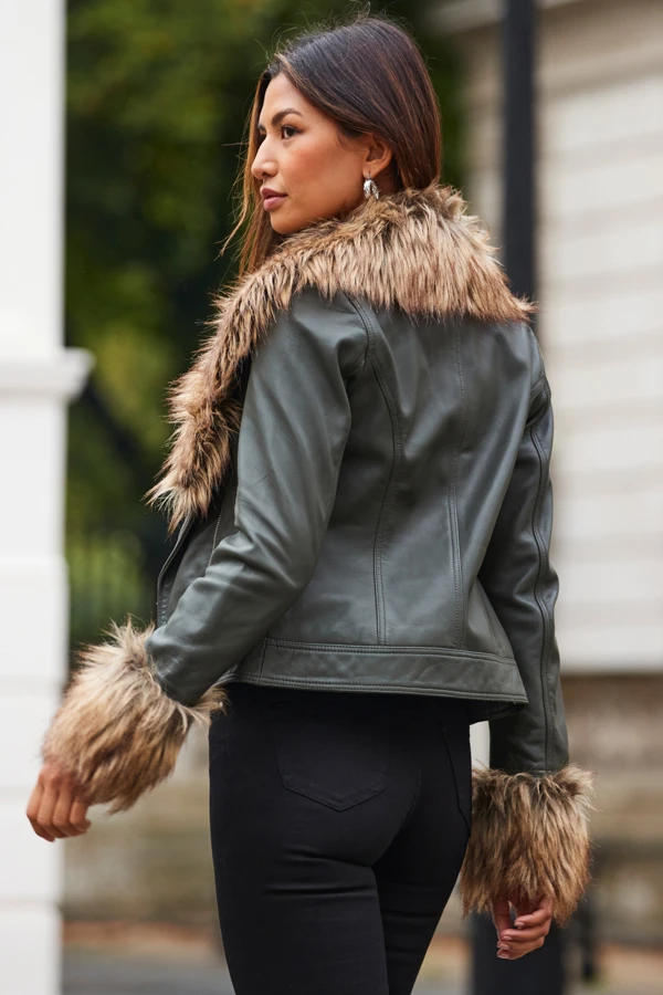 Khaki Green Leather Biker Jacket With Faux Fur Trim - Image 4