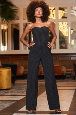 Black & White Pinstripe Wide Leg Bandeau Jumpsuit