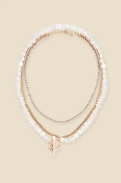 Gold Triple Layer Diamante & Pearl Toggle Detail Necklace