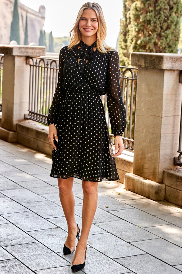 Black & Gold Metallic Spot Print Tie Neck Dress - Image 5