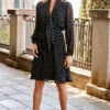 Black & Gold Metallic Spot Print Tie Neck Dress