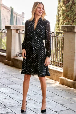 Black & Gold Metallic Spot Print Tie Neck Dress