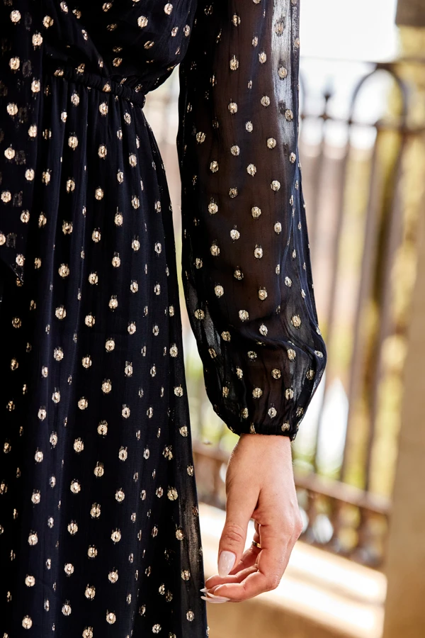 Black & Gold Metallic Spot Print Tie Neck Dress - Image 8