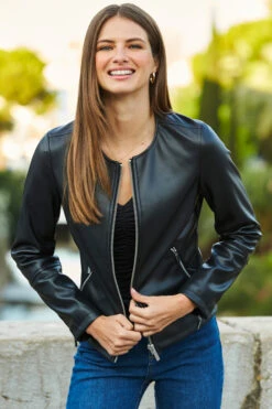 Black Zip Front Round Neck Faux Leather Jacket