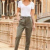 Khaki Green Leather Look D Ring Belted Trousers