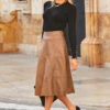 Tan Faux Leather Panelled A-Line Midi Skirt