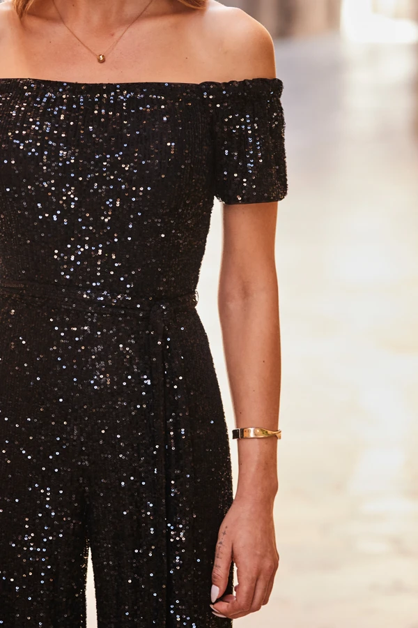 Black Sequin Bardot Wide Leg Jumpsuit - Image 4