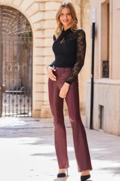 Burgundy Faux Leather Button Front Kick Flare Trousers