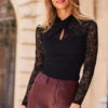 Black Lace Twist Front Keyhole Detail Jersey Top