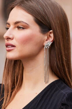 Silver Rhinestone Detail Diamante Drop Earrings