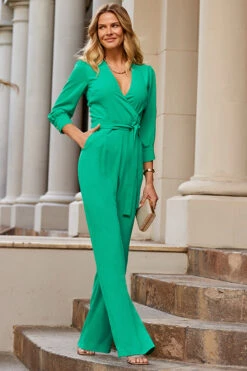 Jade Green Tailored Wrap Front Tie Waist Jumpsuit