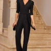 Black Plisse Wrap Front Jumpsuit