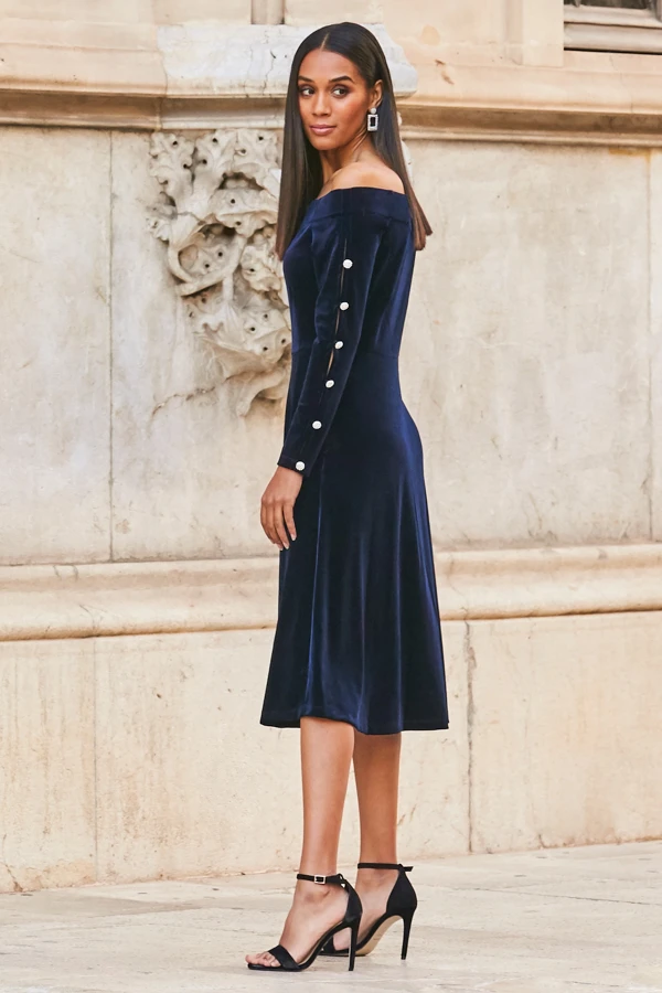 Midnight Blue Velvet Embellished Sleeve Bardot Dress - Image 3
