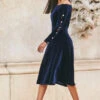 Midnight Blue Velvet Embellished Sleeve Bardot Dress
