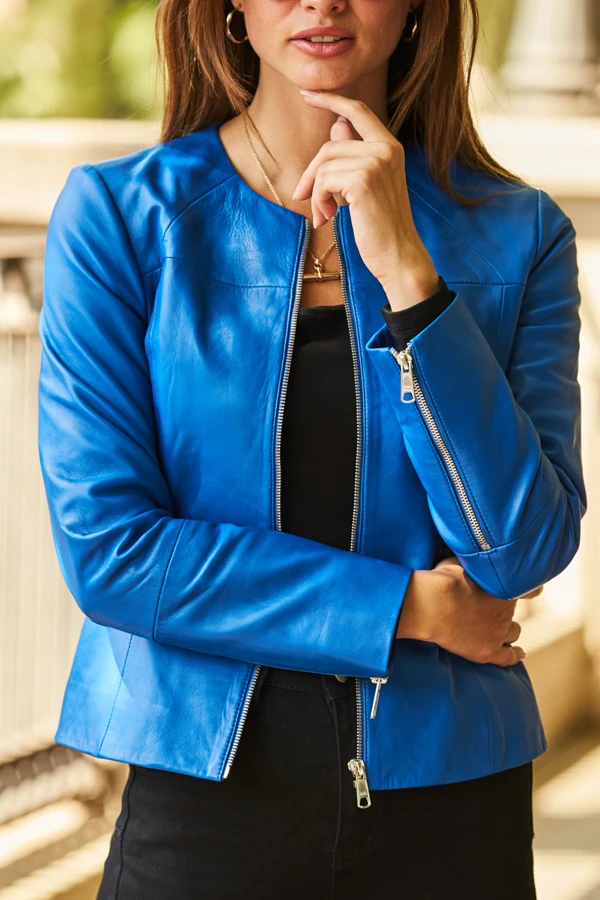 Cobalt Blue Zip Front Round Neck Leather Jacket - Image 4