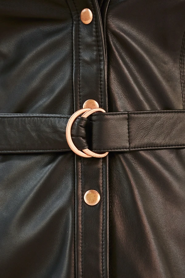 Black Rose Gold Popper Front Belted Leather Dress - Image 6