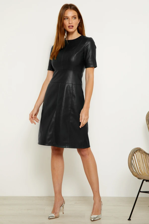 Black Leather Look Panelled Shift Dress - Image 3