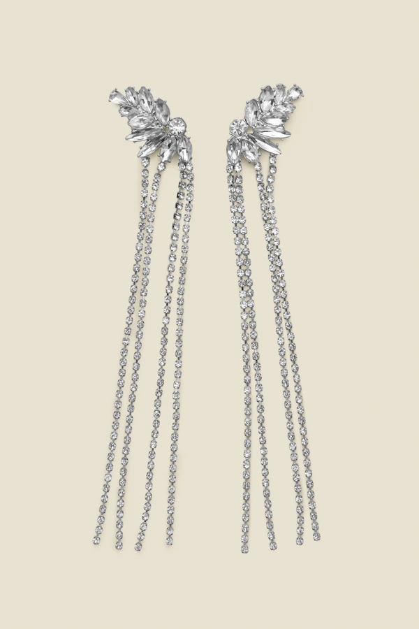 Silver Rhinestone Detail Diamante Drop Earrings - Image 2