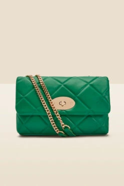 Green Faux Leather Quilted Clasp Detail Cross Body Bag