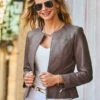 Taupe Zip Front Round Neck Leather Jacket