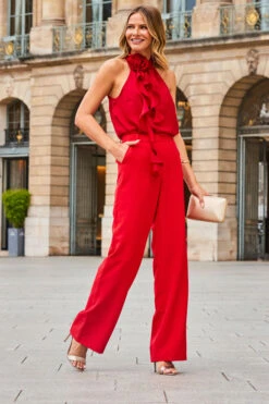 Red High Waisted Wide Leg Trousers