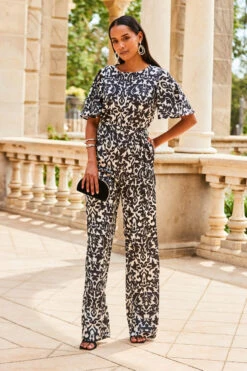 Black & White Mono Print Satin Angel Sleeve Wide Leg Jumpsuit