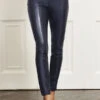 Navy Blue Leather Look Seam Detail Premium Leggings
