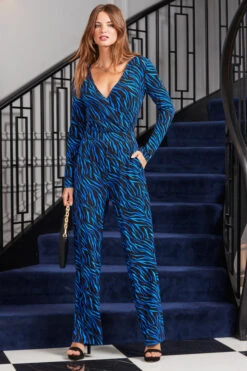 Blue Animal Print Wrap Front Wide Leg Jumpsuit With Pockets