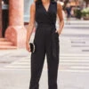 Black Tuxedo Wrap Front Belted Jumpsuit With Pockets
